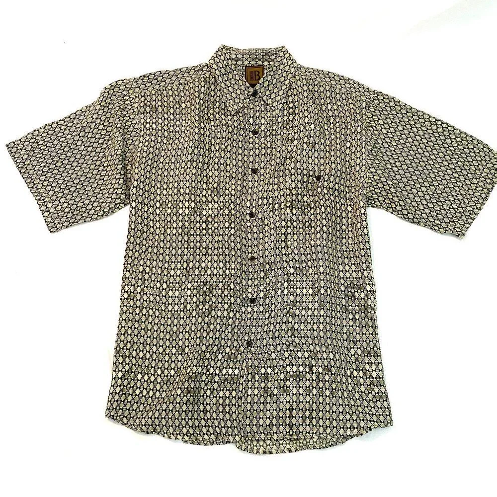 Vintage Bruno 100% silk short sleeve shirt Mens Medium green cream diamonds
